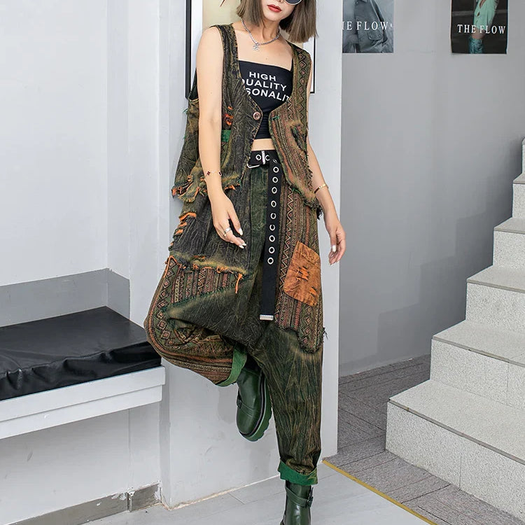 Spring Summer New Trendy Cool Personality Distressed Printed Denim Vest + Hanging Crotch Pants Two-piece Set Women LX255