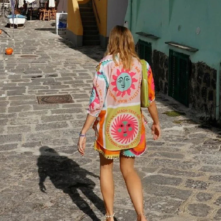 Women Holiday Hawaii Printed Two Pieces Set Short Sleeve Shirt Blouse Top Loose Shorts Summer Beach Outfits Casual Suit NEW