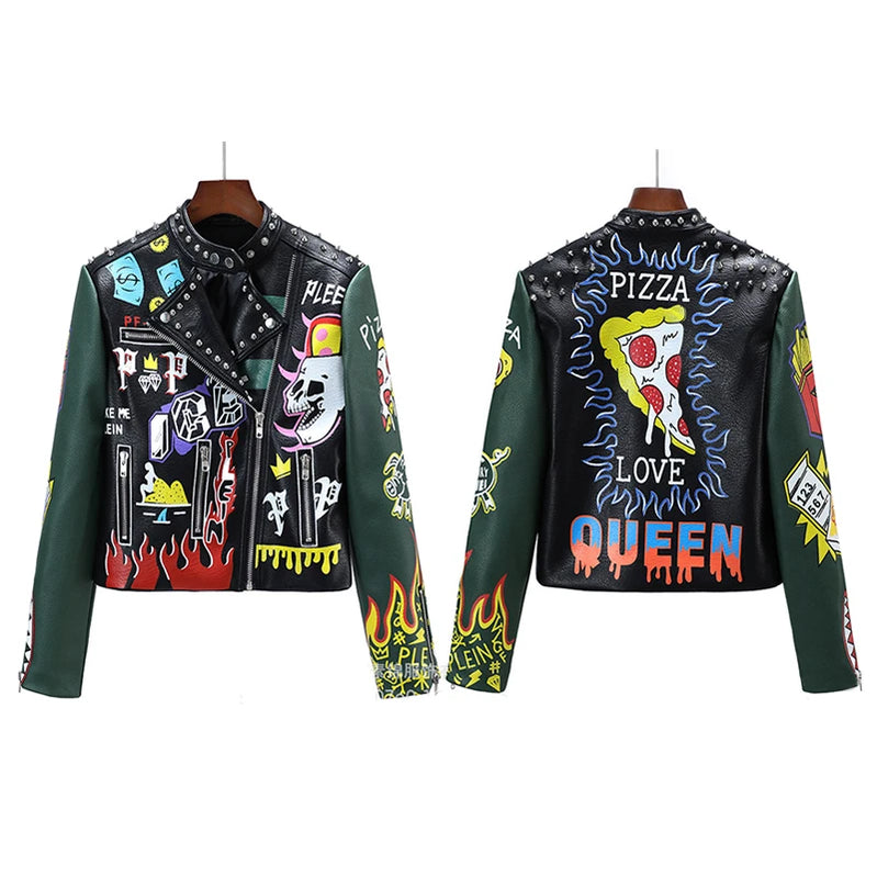Spring Skull Pattern Graffiti Short Leather Jackets For Punk Women Rivet Slim Streetwear Motorcycle Jackets Coat 7