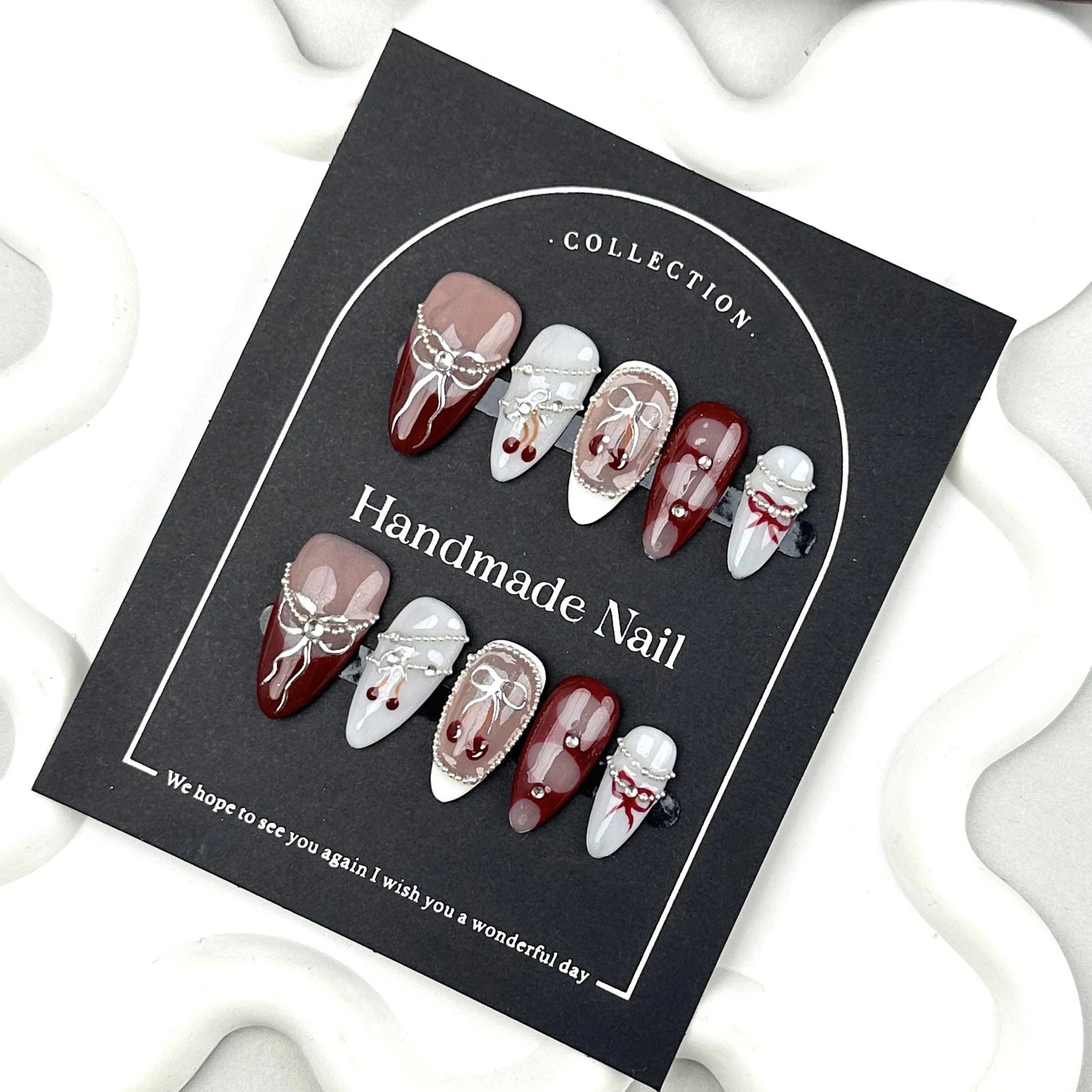 10pcs Handmade Press On Nails Baroque Bowknot Design False Nails Wearable Crystal Red French Almond Shaped Fake Nail Tips