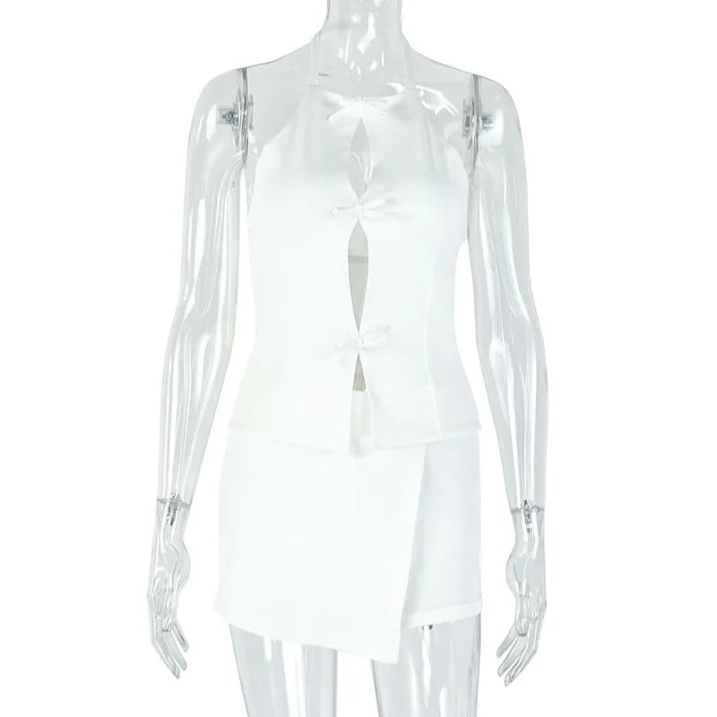 CM.YAYA 2025 Summer Women's Set Sleeveless Hollow Out Top+ Skirts Shorts Cute Street Two 2 Piece Sets Street Outfits Tracksuit