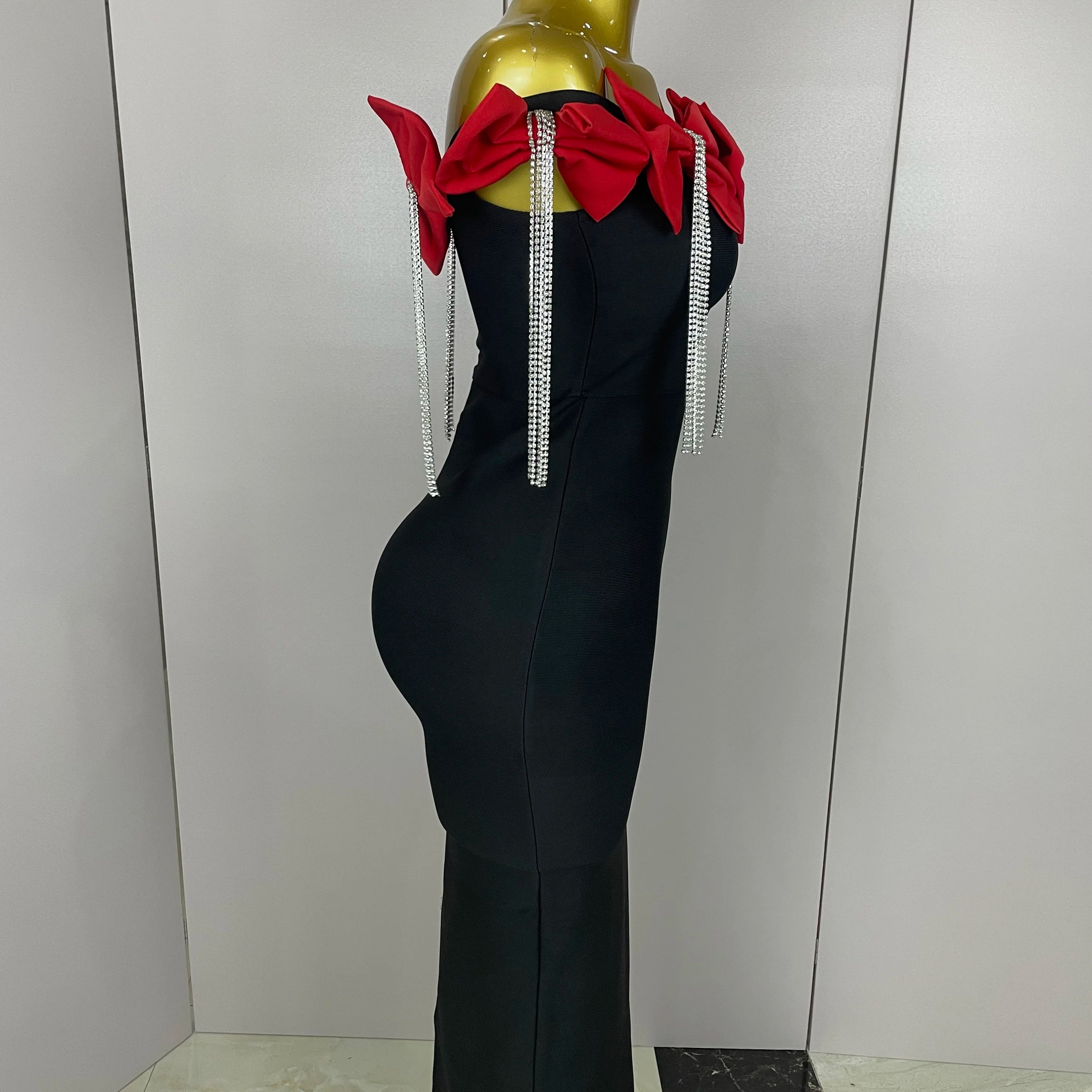 2025 Women Celebrity Sexy Off Shoulder Flower Diamonds Black Bow Tie Maxi Long XL Bandage Dress Elegant Evening Club Party Dress