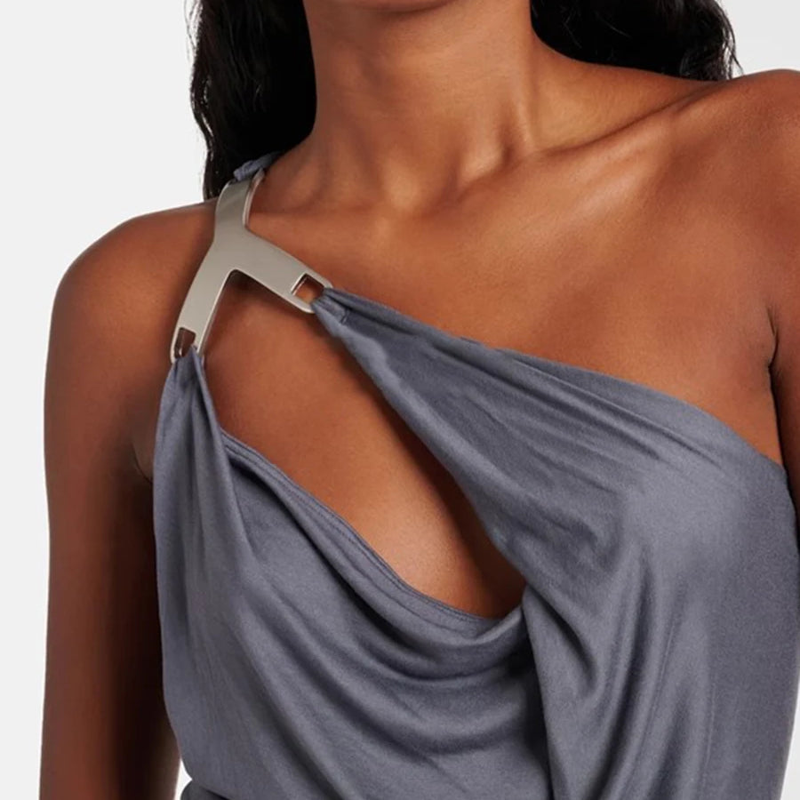 TWOTWINSTYLE Solid Slimming Spliced Folds Irregular Dresses for Women Diagonal Collar Sleeveless Split Dress Femlae Clothing New