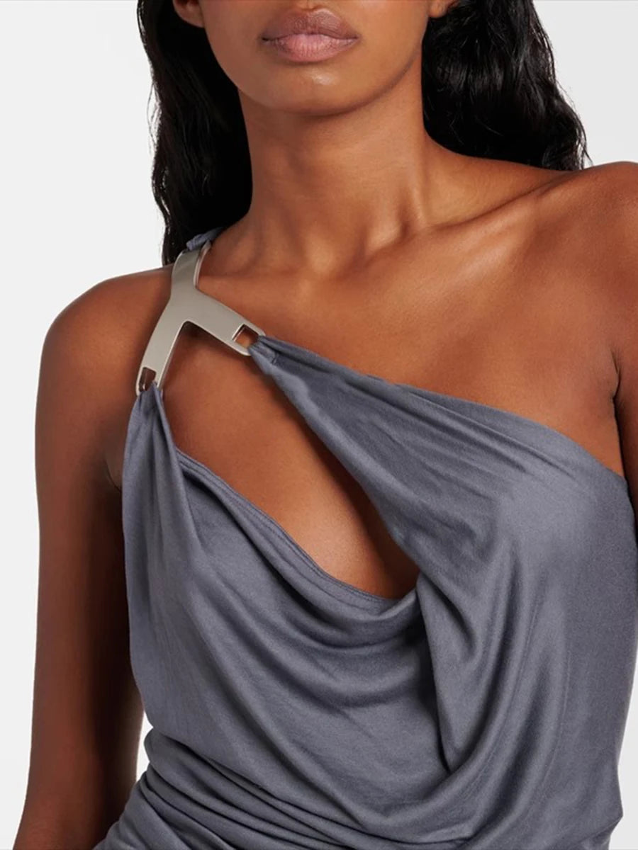 TWOTWINSTYLE Solid Slimming Spliced Folds Irregular Dresses for Women Diagonal Collar Sleeveless Split Dress Femlae Clothing New