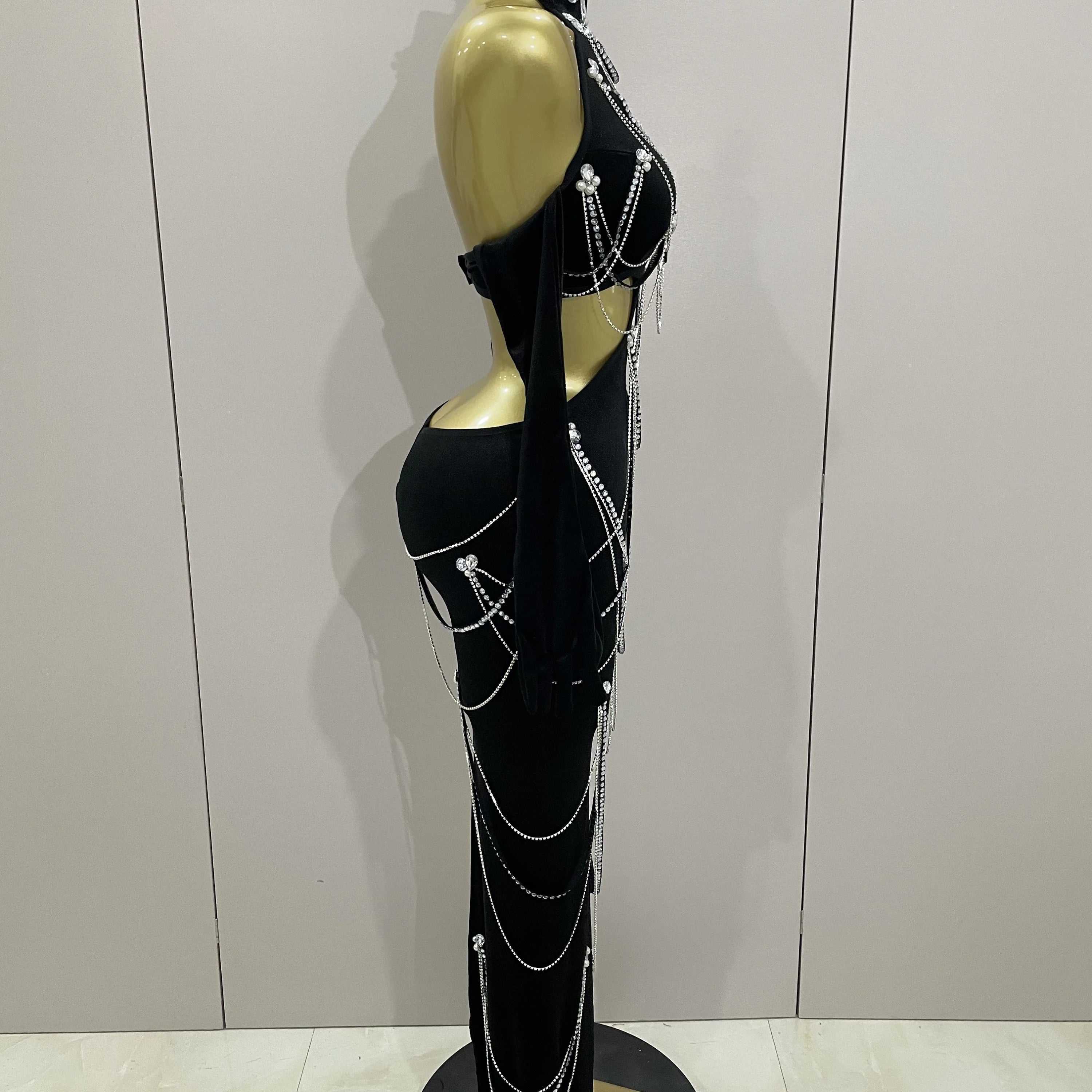 2025 Women Sparkly Diamonds Tassels Chain Balck Sexy Halter Backless Long Dress Evening Birthday Party Celebrate Stage Costume