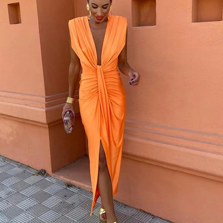 Sexy Deep V Neck Flods Split Dress Women Elegant Solid Sleeveless Midi Vestidos Summer New Ladies Evening Party Robes