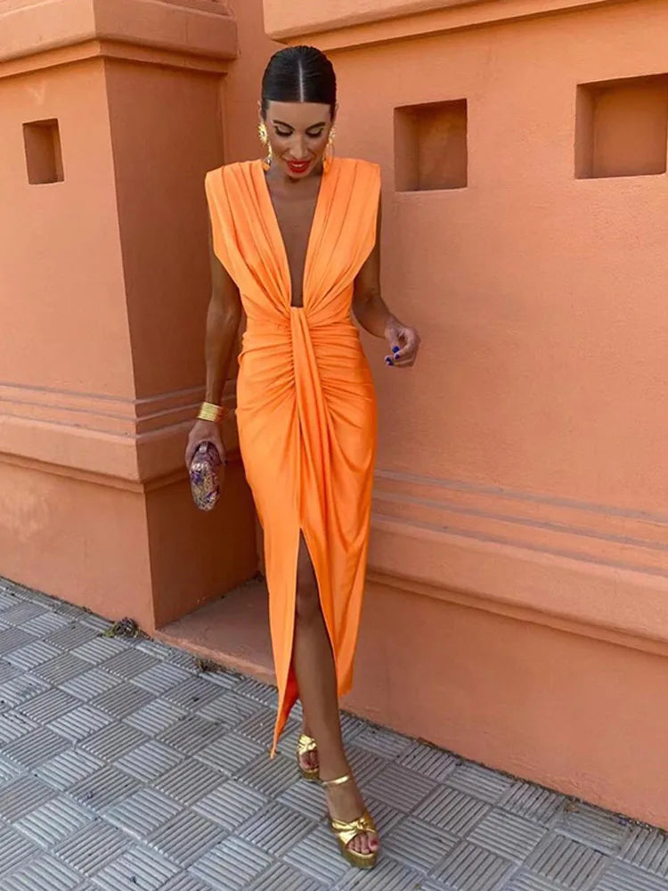 Sexy Deep V Neck Flods Split Dress Women Elegant Solid Sleeveless Midi Vestidos Summer New Ladies Evening Party Robes