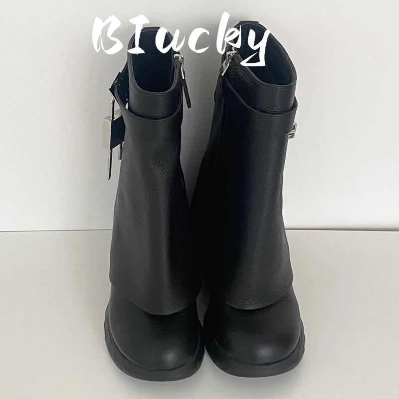 Winter New Women Mid-Calf Boots Woman Genuine Leather Wedge Platform Round 2023 Metal Decoration Boots