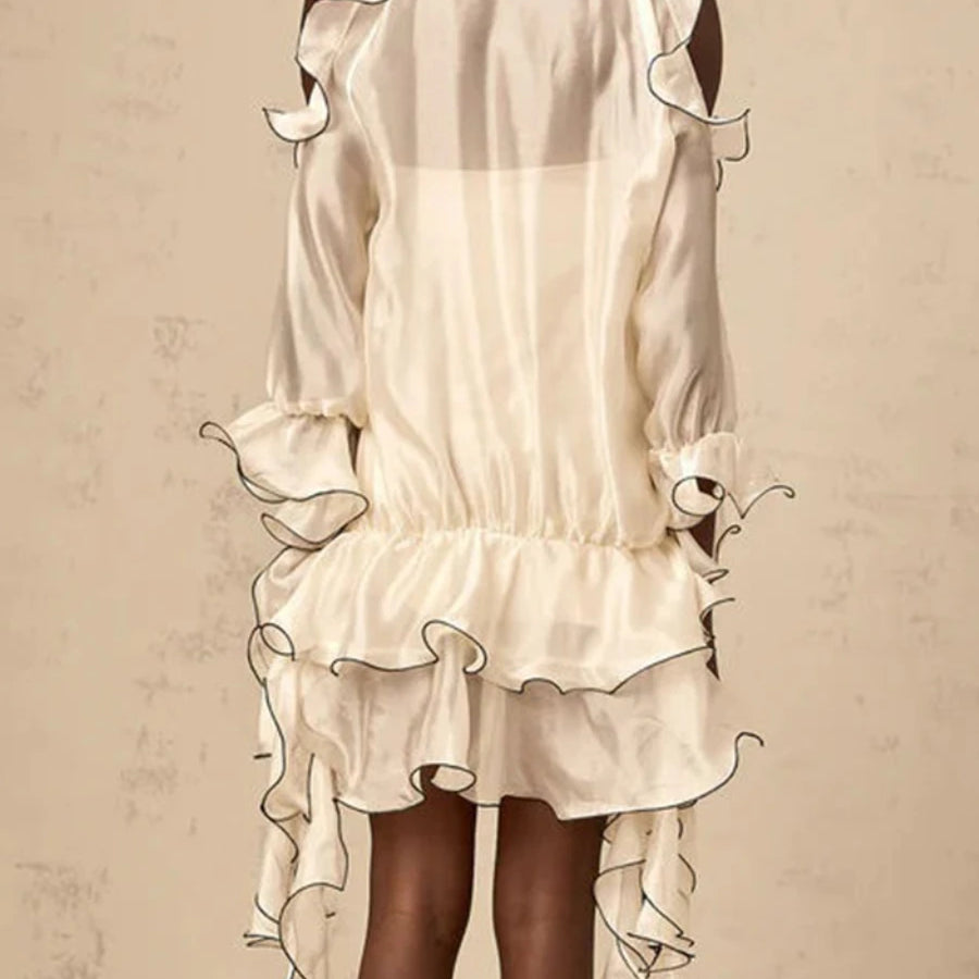 TWOTWINSTYLE Hit Color Spliced Fungus Folds Elegant Dresses for Women Round Neck Raglan Sleeves Patchwork Striped Dress Female