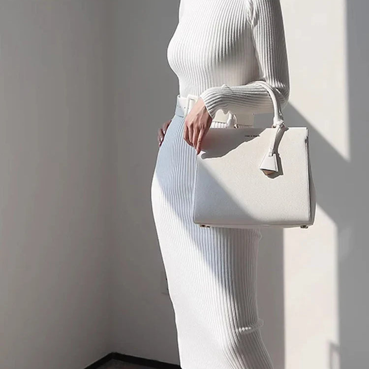 H Han Queen Knitted Turtleneck Sweater Bodycon Dress Bottoming Women Soft Elastic Autumn Winter Midi Party Dresses With Belt