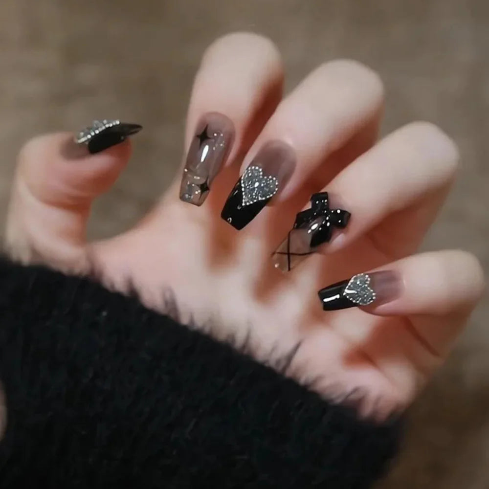 24Pcs Mid-length Ballet False Nails Black 3D Bow Star Press on Fake Nails Shiny Powder Love Heart Reusable Full Cover Nails Tips