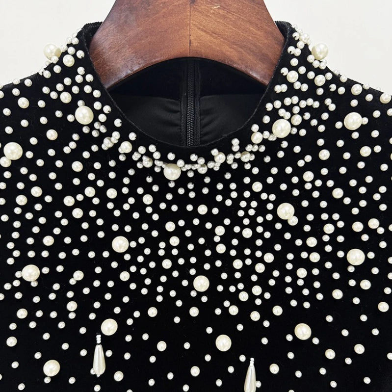 TWOTWINSTYLE Slimming Luxurious Dresses for Women Round Neck Long Sleeves Patchwork Bead Temperament Dress Female Clothing New