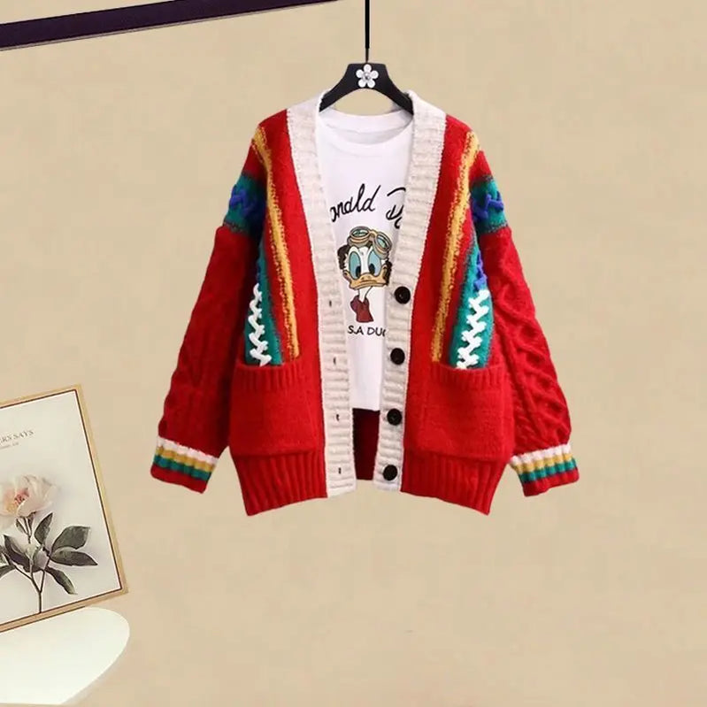 Korean Style Fashion Knitted Sweater Jacket Plush Thickened Wide Leg Pants Two Piece Elegant Women's Pants Set Winter Outfits only red sweater