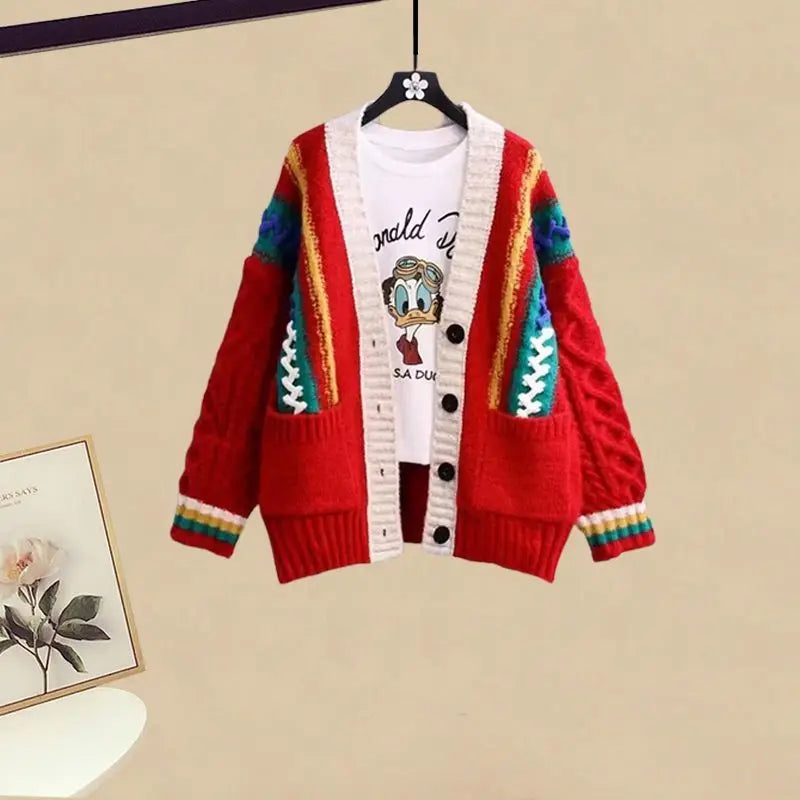 Korean Style Fashion Knitted Sweater Jacket Plush Thickened Wide Leg Pants Two Piece Elegant Women's Pants Set Winter Outfits only red sweater