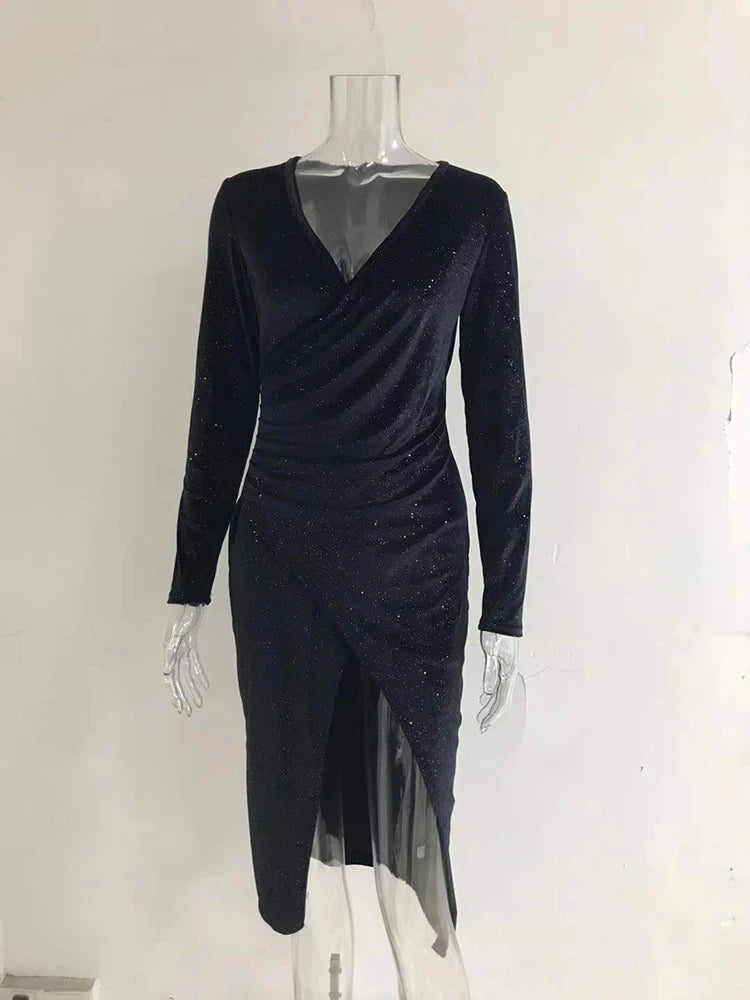 Autumn Dresses For Women Sexy Deep V Neck Long Sleeve Slit Bodycon Dress Vintage Solid Elegant Evening Birthday Party Dress