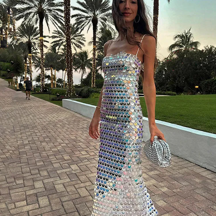 Sequined Tube Top Strap Dress Women Sexy Sleeveless Slim Solid Straight Long Vestidos Fashion Backless Slip Split Evening Robe