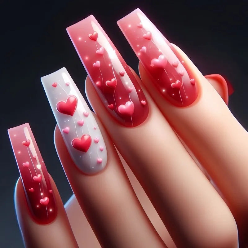 24pcs/set medium long fake nails for women cute gradient pink red heart rose flowers for Valentine's Day press on acrylic nails