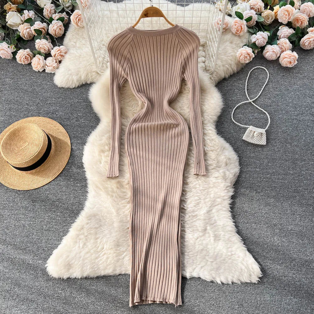 Winter Women Knit Maxi Dress O Neck Autumn Long Sleeve Slim Solid Harajuku Ladies Fashion Pencil Sweater Long Dresses khaki One Size