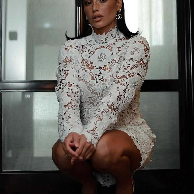 VC White Turtleneck Lace Floral Mini Dress For Women Long Sleeves Slim Bodycon Elegant Evening Party Cocktail Wear
