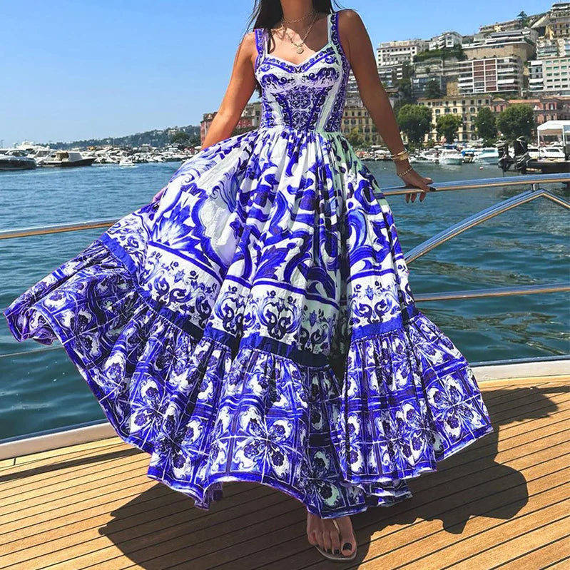 Runway Red White Porcelain Floral Print Long Maxi Beach Dresses Women Straps Sundress blue