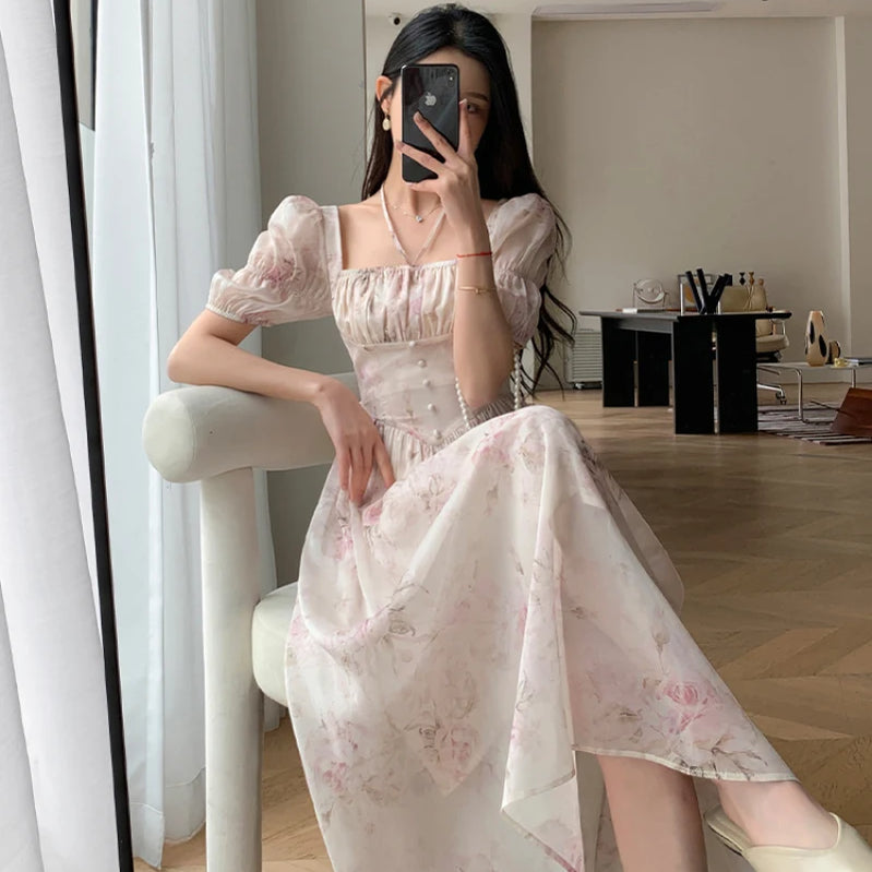 Summer Fashion French Retro A-Line Fairy Party Dress Female Floral Square Neck Lantern Sleeves High Waist Pleated Vest Dresses