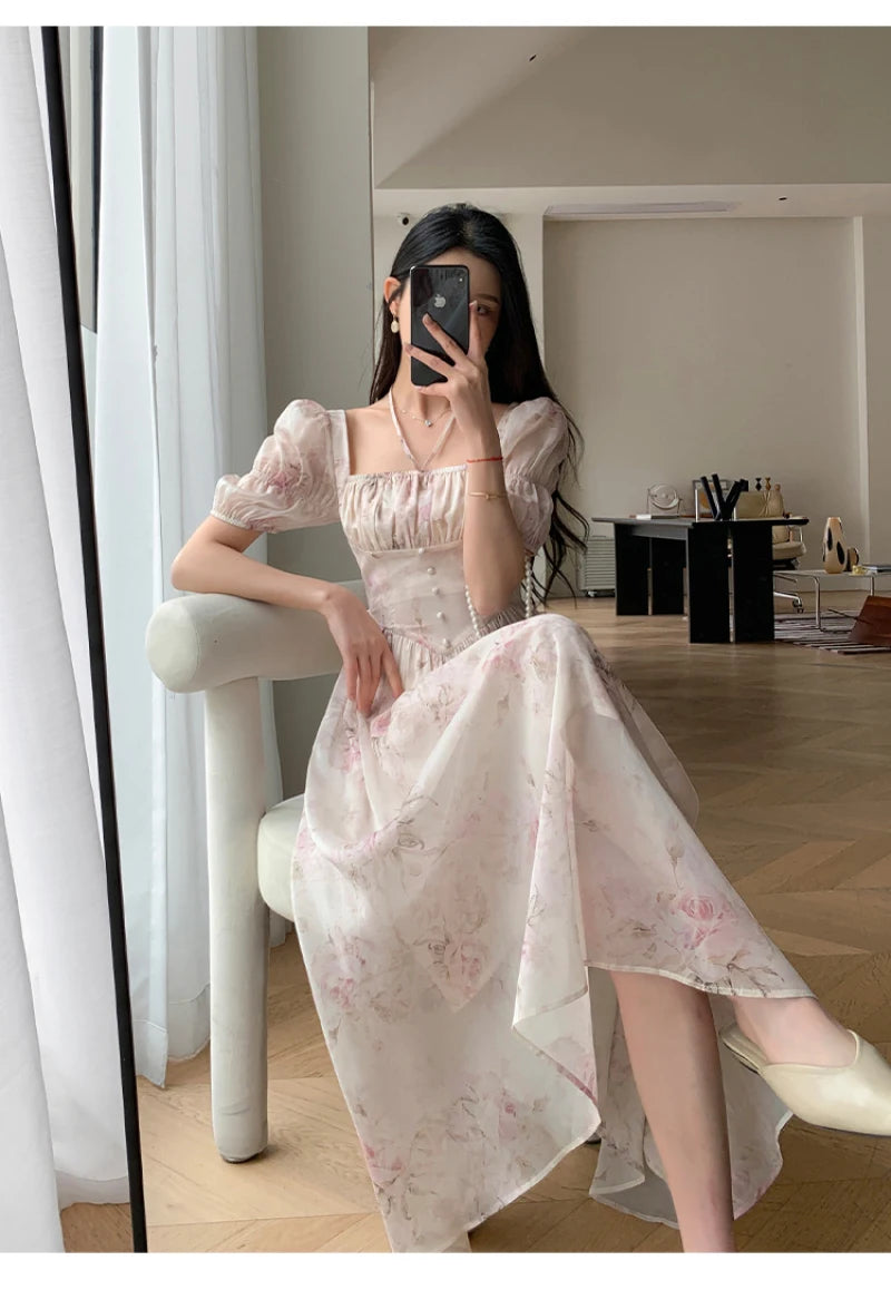 Summer Fashion French Retro A-Line Fairy Party Dress Female Floral Square Neck Lantern Sleeves High Waist Pleated Vest Dresses