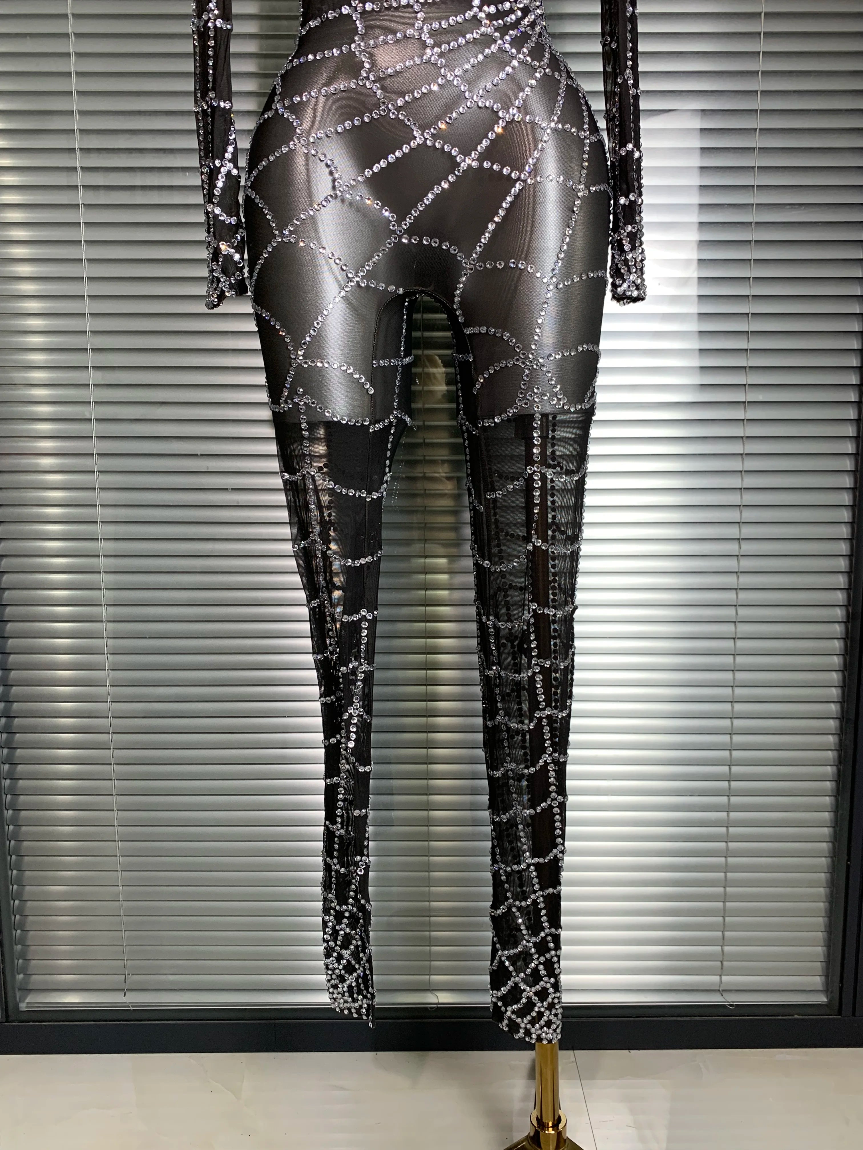 Summer New 2025 Women Sexy Crystal Sheer Black Long Sleeve Bodycon Jumpsuit Celebrity Designer Dancer Night Club Rompers