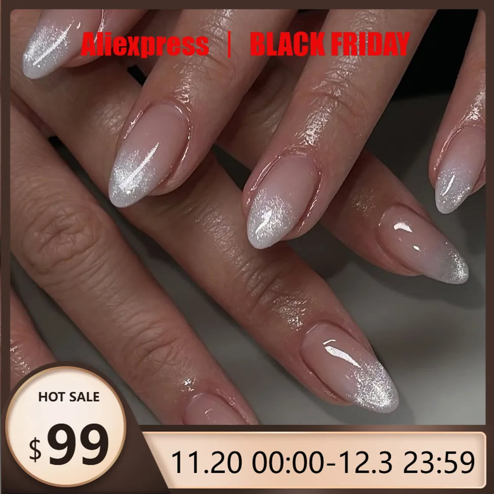 24pcs Cat's Eye Pink Almond French Style Press on Nails Pink 3D Printing Fake Nails Full Cover Wearable False Nails