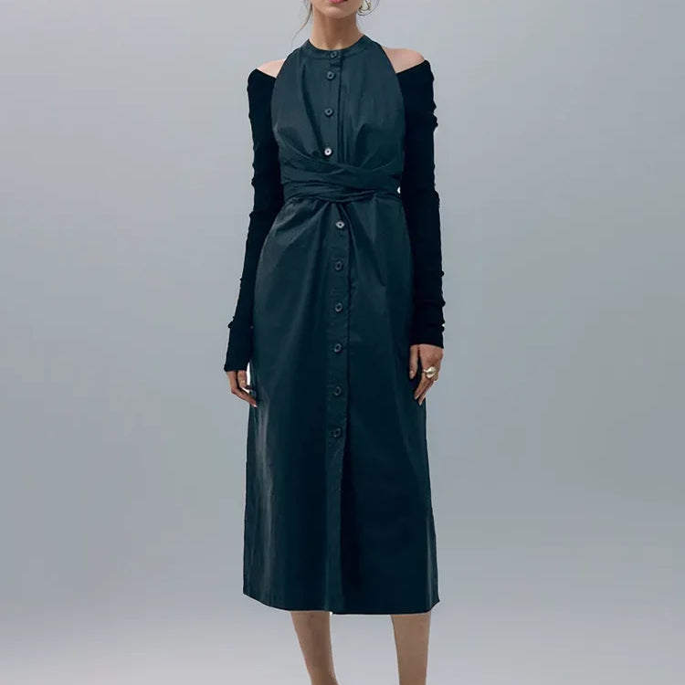 DEAT Fashion Women's Dress Round Collar Sleeveless Single Breasted Lace-up Solid Color Slim Dresses Spring New Tide 7AB3831