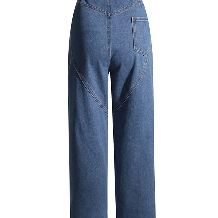 BPN Casual Spliced Diamond Jeans For Women High Waist Hollow Out Solid Loose Wide Leg Denim Pants Female spring Clothing Style