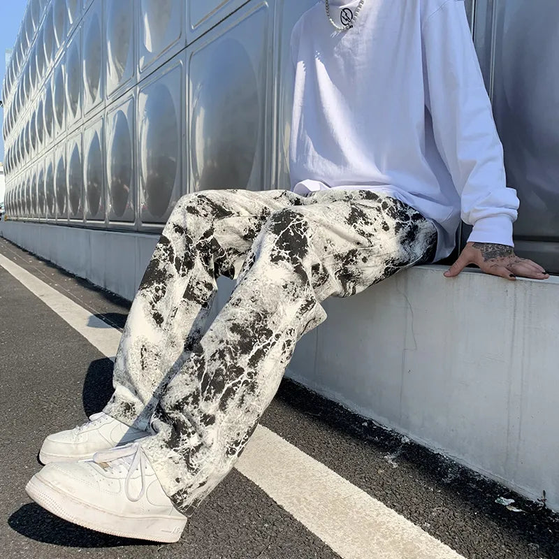 Mens Fashion Printed jeans Spring Mopping Trousers Jeans Korean Style High Street Loose Hip Hop Wide-leg Jean Pants