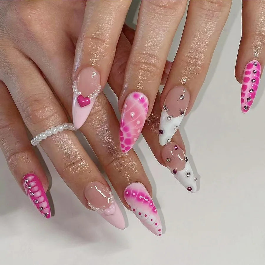 24Pcs Mid-length Almond Press on Fake Nail with French Flower Shiny Powder Design False Nails Art Reusable Full Cover Nails Tips