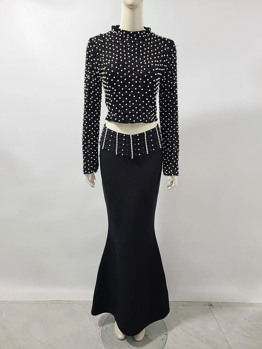 High Quality Women Long Sleeve Sexy Beading Tops 2 Pieces Bodycon Bandage Skirt Set Elegant Evening Party Celebrate Outfit
