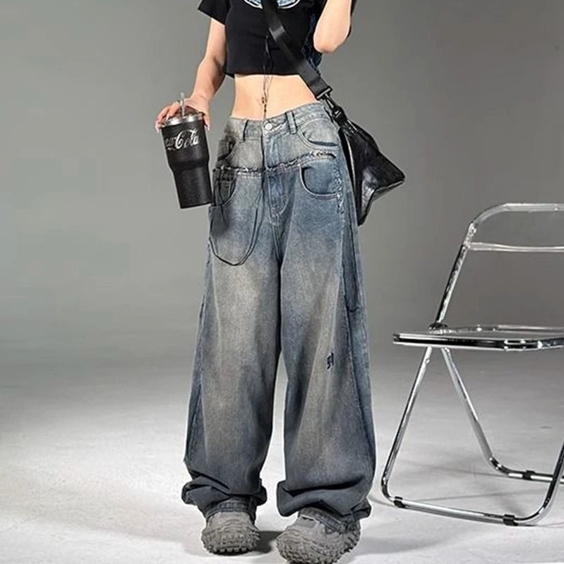 YOUYIDE Vintage Y2K Baggy Jeans Women's Korean Style Streetwear Grunge Oversized Denim Cargo Pants Hippie Harajuku Trousers