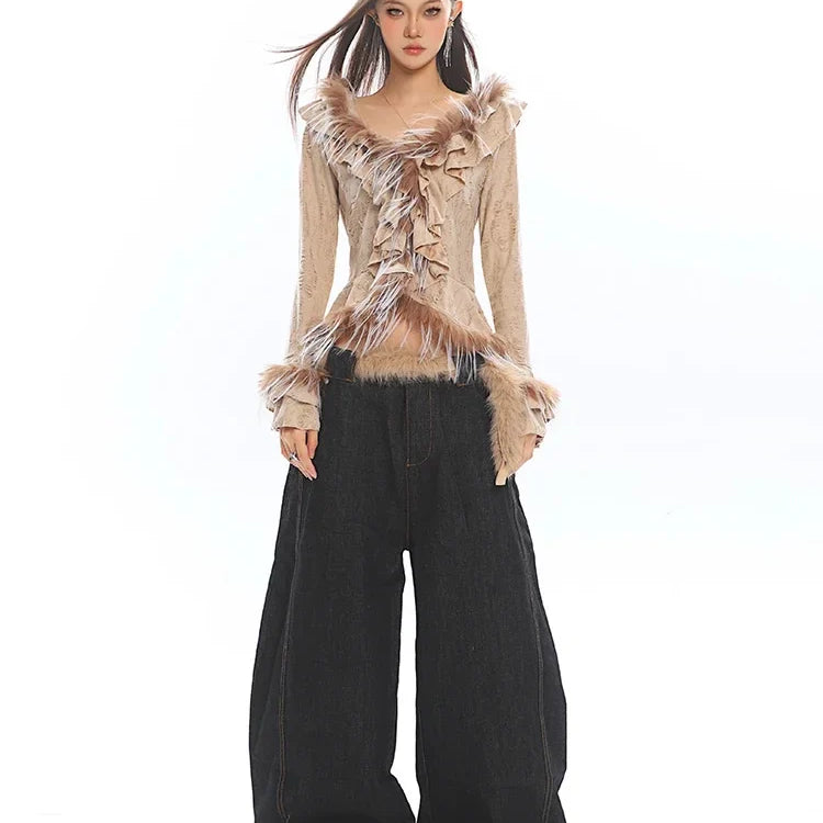 Solid Fashion Spliced Fur Sweater for Women V Neck Long Sleeve Patchwork Ruffles Fold Pullovers Female Clothing New