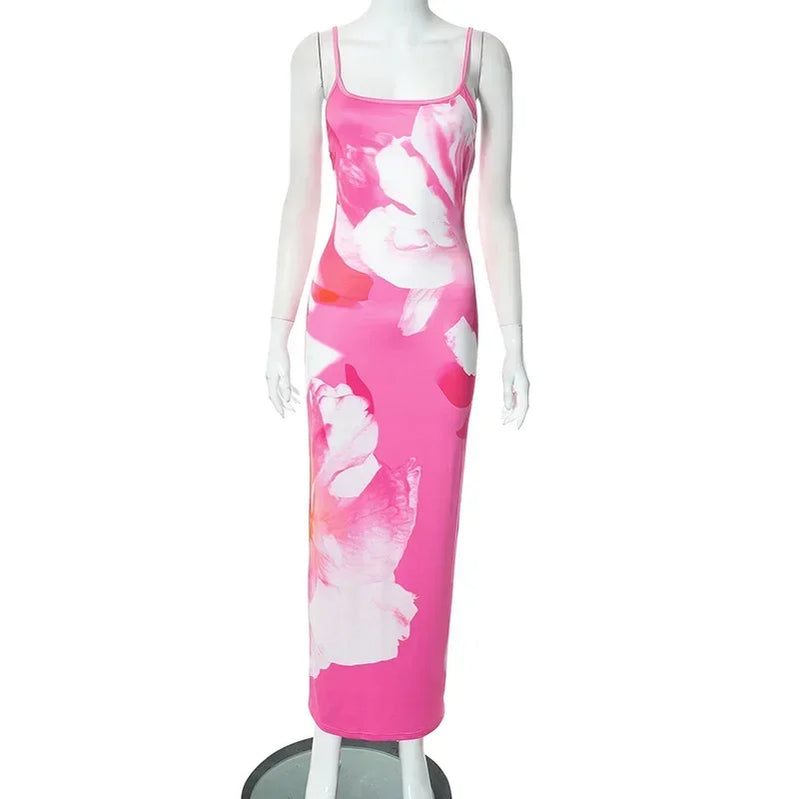 Tossy Spaghetti Strap Lily Floral Slip Dress Summer Casual Printed Maxi Dresses Backless Bodycon Slim Boho Long Sundress Pink