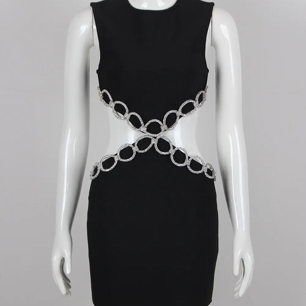 Summer Women'S Sexy Backless Cut-Out Diamond Luxury Black Tight Mini Dress Elegant Evening Club Party Dress