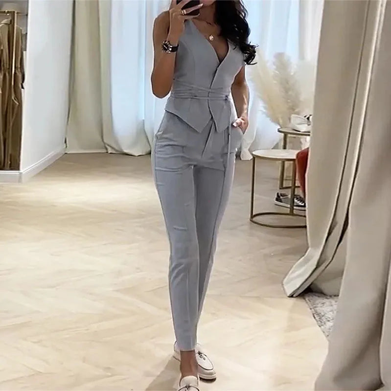 Women Fashion Commute Clothes Sleeveless Outfit 2023 Summer New Suit Temperament Slim Waist Sexy Vest Pencil Pants Two-Piece Set