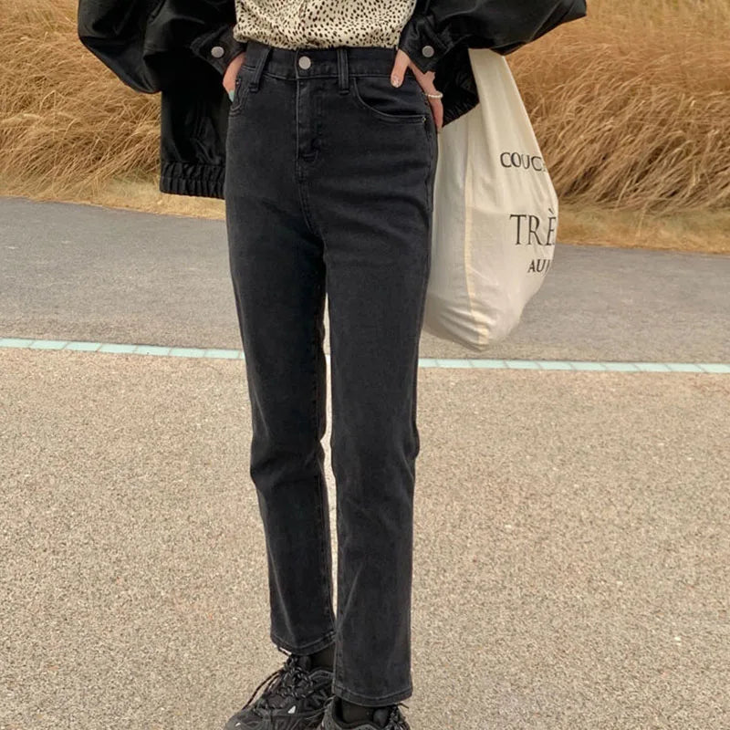 Black Straight Denim Pant Women's High Waisted Loose Casual Pants Autumn Winter Retro Wide Leg Cropped Pants