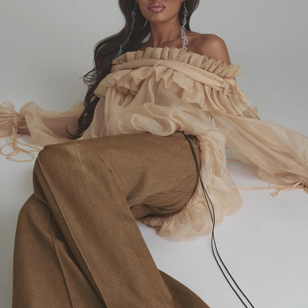 TWOTWINSTYLE Solid Loose Spliced Folds Blouse for Women Slash Neck Long Sleeves Patchwork Lace Up Fashion Top Female Clothing