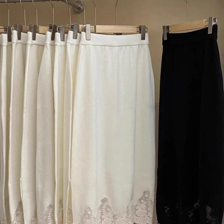 Patchwork Lace Skirts Women Fashion Knitted Jupe 2023 Faldas Mujer De Moda High Waist Tunic Saia Vintage Temperament Long Skirt