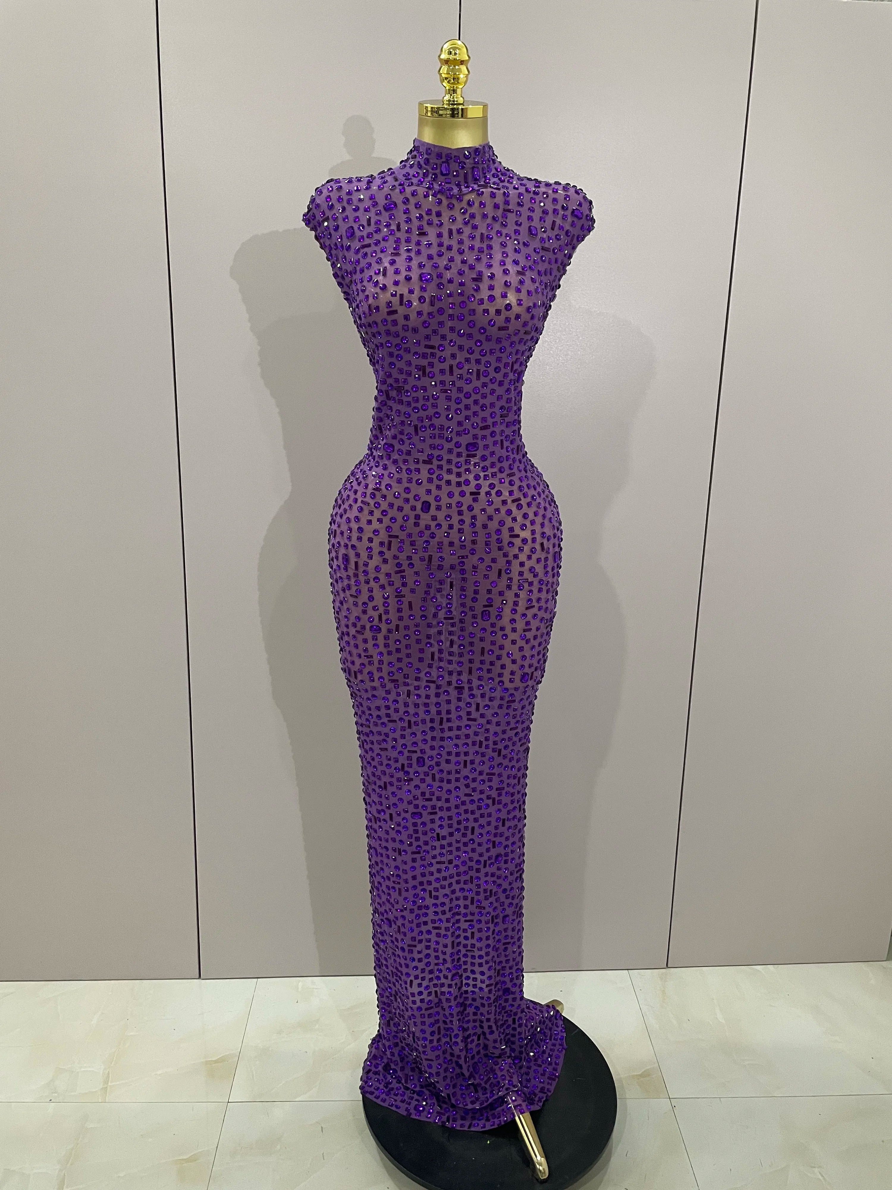 Sexy Sparkly Crystal Diamonds Mesh See Through Long Dress 2025 New Women Elegant Party Costume Singer Stage Performance Outfit