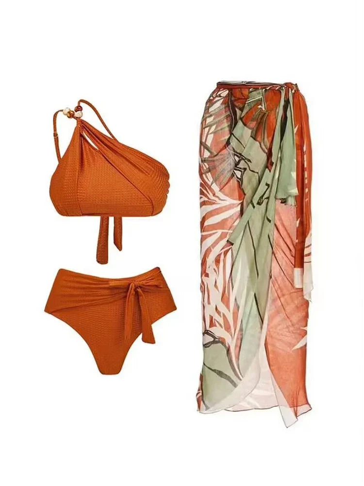 Sexy One Shoulder Printed Swimwear Women 2023 Vintage High Waisted One Piece Swimsuit with Cover Up for Beach Vacation, Swim MLS01b2