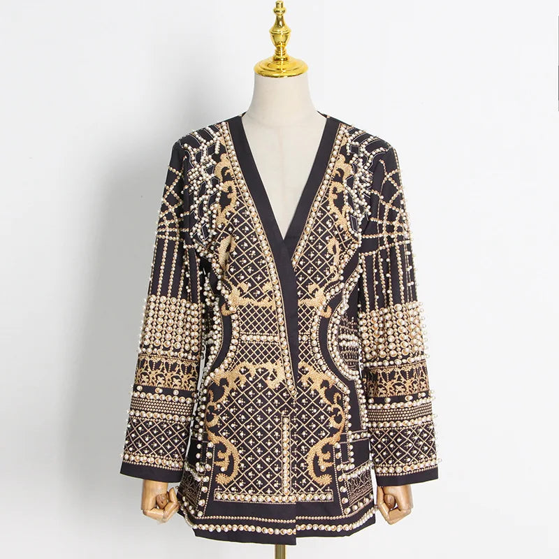 Stylish Designer Jacket Women's V-neck Long Sleeve Luxurious Metallic Beaded Long Blazer Yellow