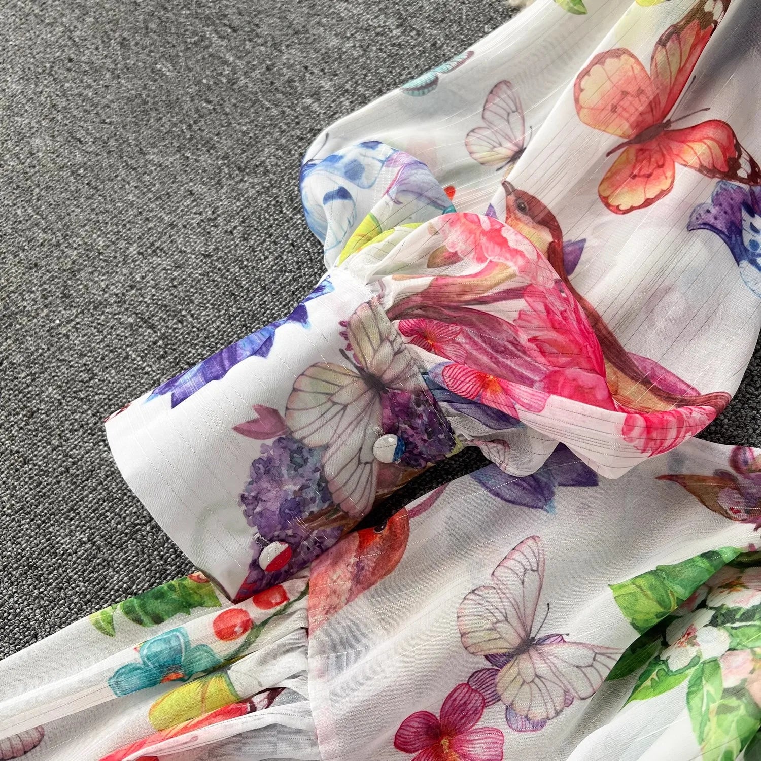 Bohemian Floral Chiffon Summer Dresses for Women Runway Stand Lantern Sleeve Belt Beach Holiday Long Vestidos Boho Robe 2056