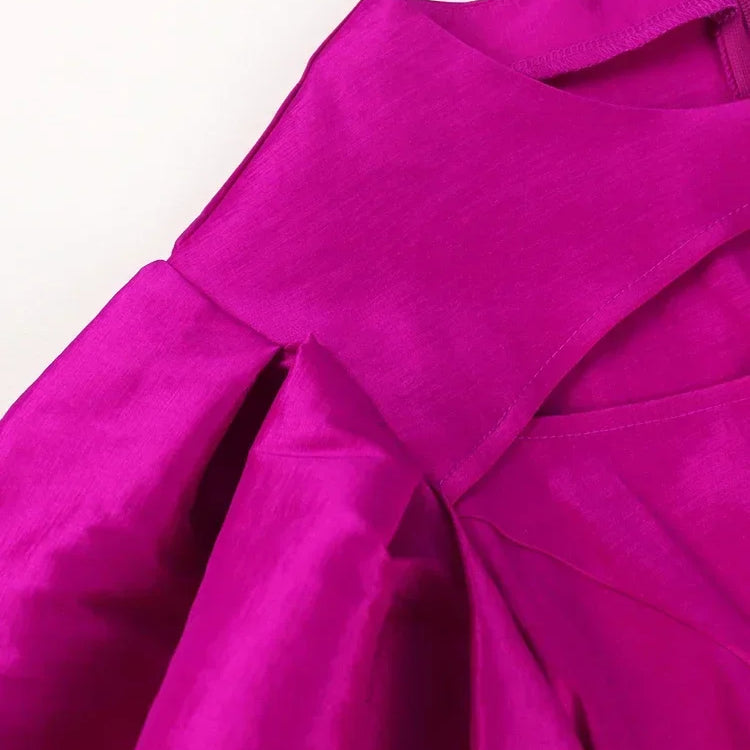 Elegant Women Long Dresses 2024 Party Event Shiny Sexy Puff Sleeve Cut Out Bodycon Summer Dress Fuchsia Birthday Celebrity Gowns