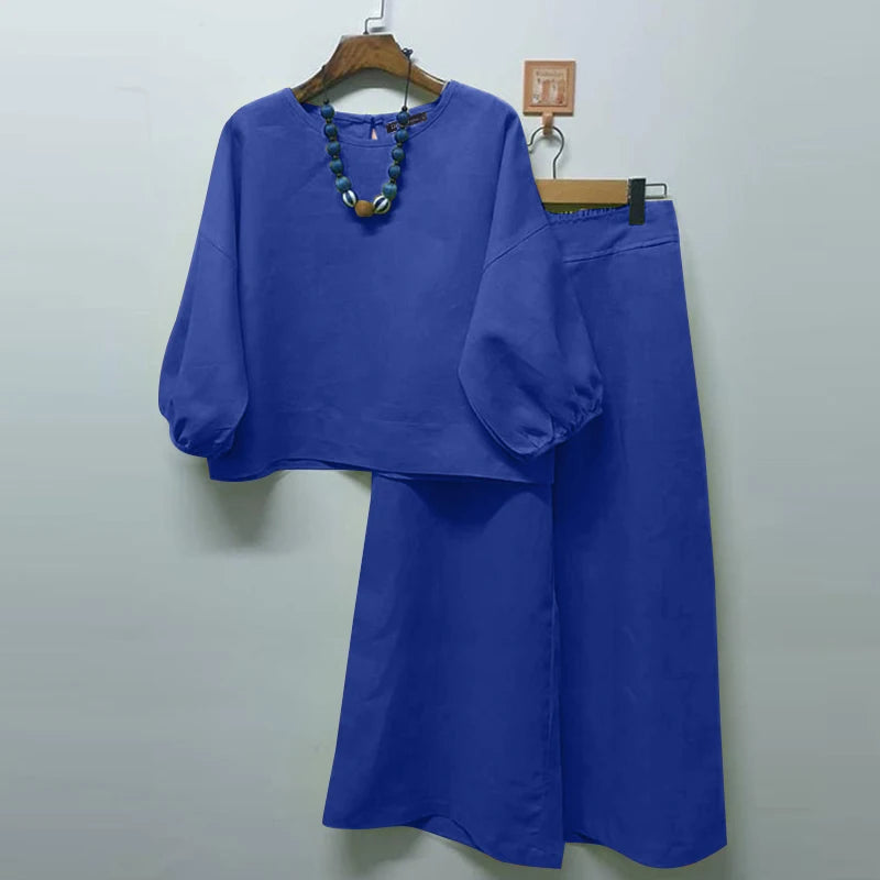 Summer Matching Sets 2PCS Women Urban Tracksuits 3/4 Sleeve O Neck Blouse & Wide Leg Pant Sets Holiday Suit Outfits Blue