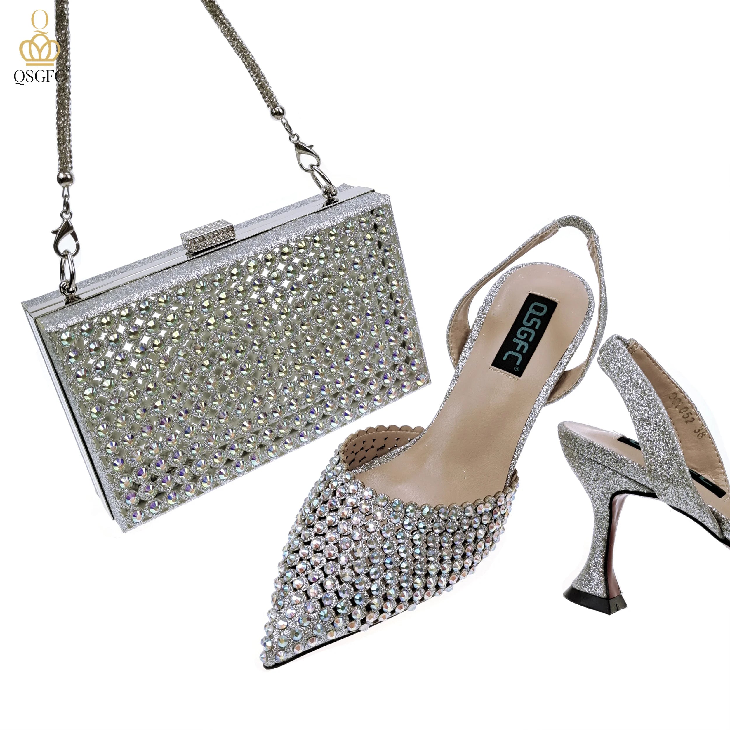 Italian Design Women Hollowed Out Embroidery Colorful Rhinestones Rainbow Color Women's Shoes and Party Wedding Bags Set SILVER