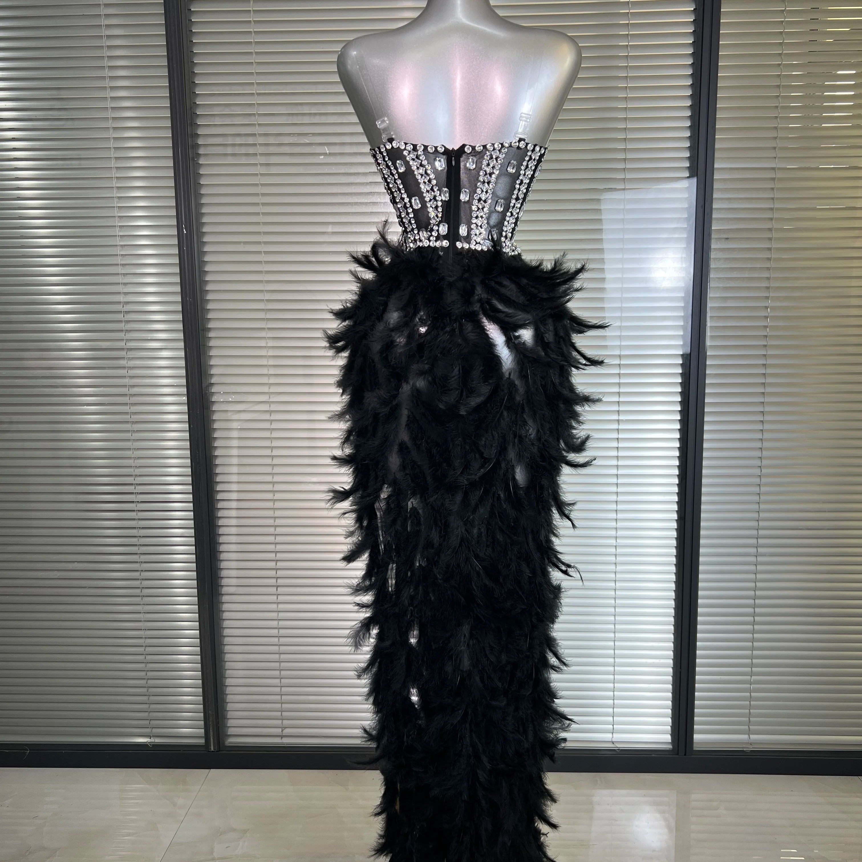 New Women Sexy Mesh Stretched Split Feathers Performance Costume Stage Black Nude High Stretchy Night Club Party Maxi Dress
