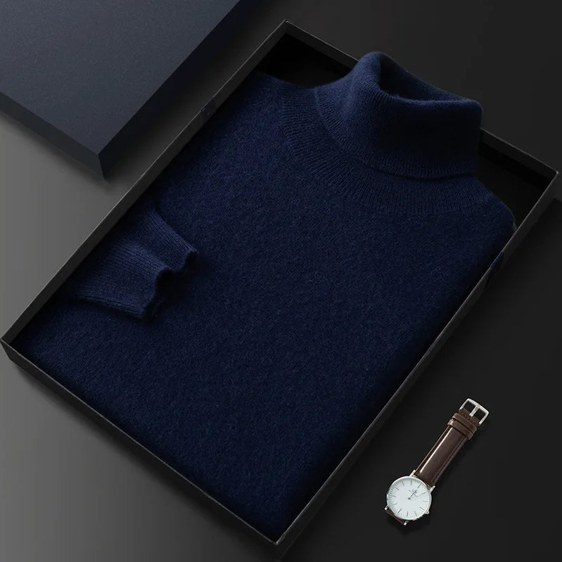 100% Cashmere Turtleneck Men Pullovers Autumn Winter Soft Light Warm Rolled Neck Jumper Jersey Pull Homme Knitted Sweater Navy Blue